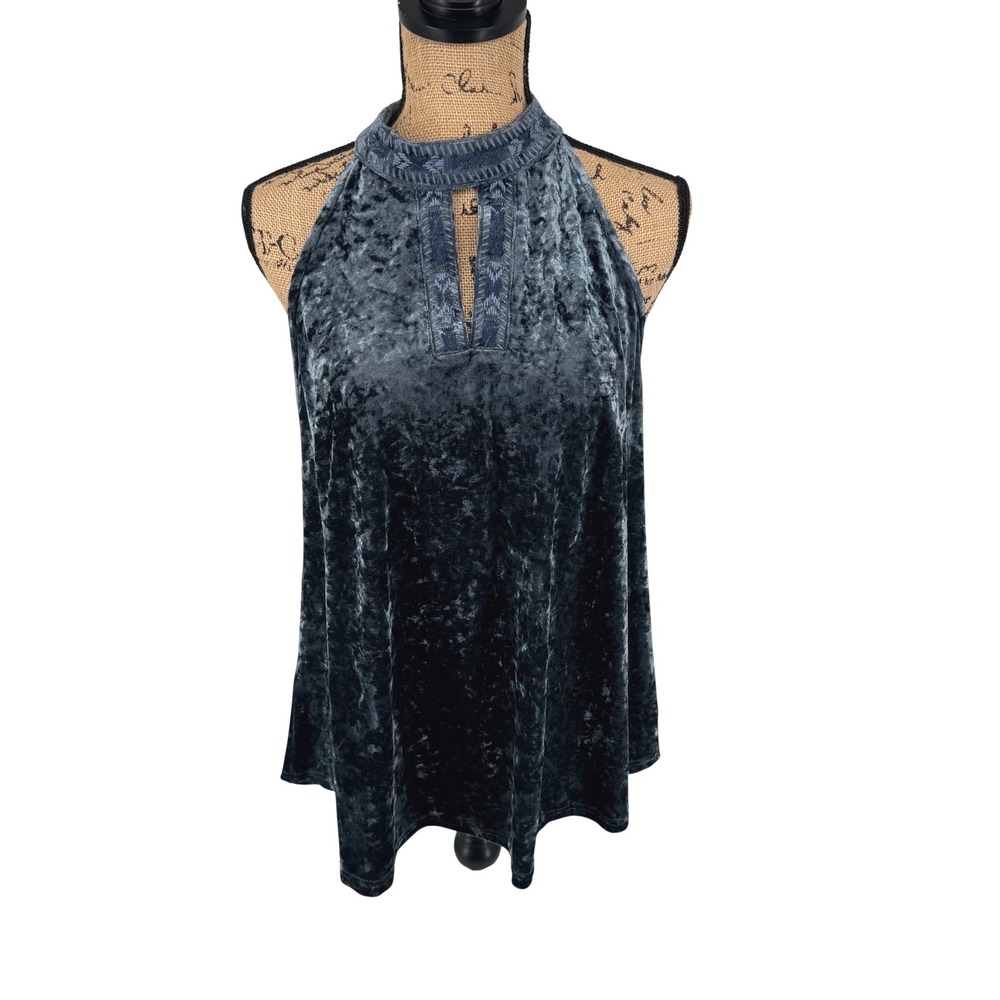 Solitaire by Ravi Khosla Blue Crushed Velvet Halter Neck Keyhole‎ Top Lg Boho